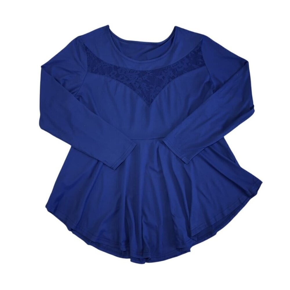 Elegant blue long-sleeved tunic blouse with lace detail and flared hem size 2XL